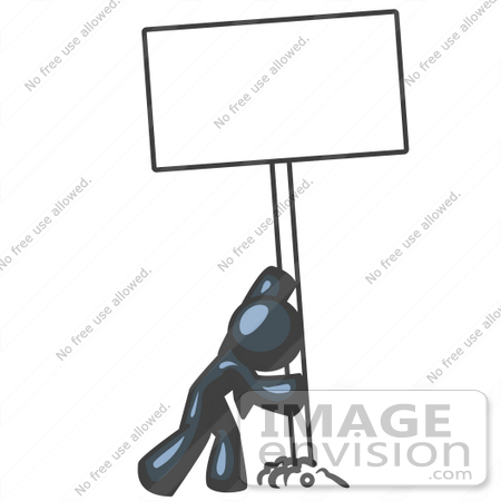 #36786 Clip Art Graphic of a Dark Blue Guy Character Putting a Blank Sign in the Ground by Jester Arts