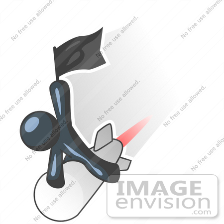 #36788 Clip Art Graphic of a Dark Blue Guy Character Flying on a Rocket by Jester Arts