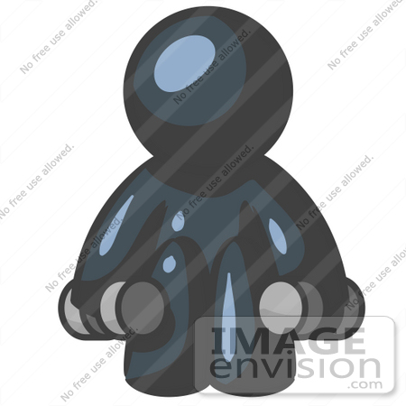 #36789 Clip Art Graphic of a Dark Blue Guy Character Working Out With Dumbbells by Jester Arts
