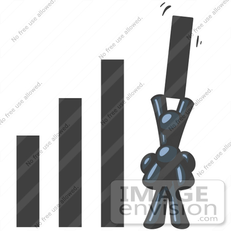 #36790 Clip Art Graphic of a Dark Blue Guy Character in a Bar Graph by Jester Arts