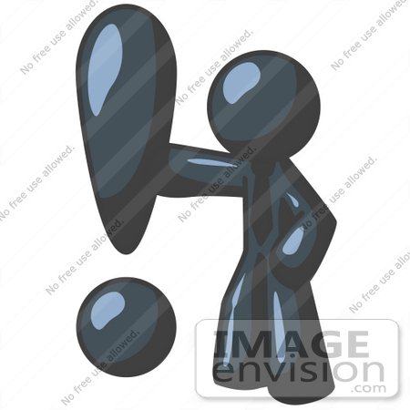 #36794 Clip Art Graphic of a Dark Blue Guy Character With an Exclamation Point by Jester Arts
