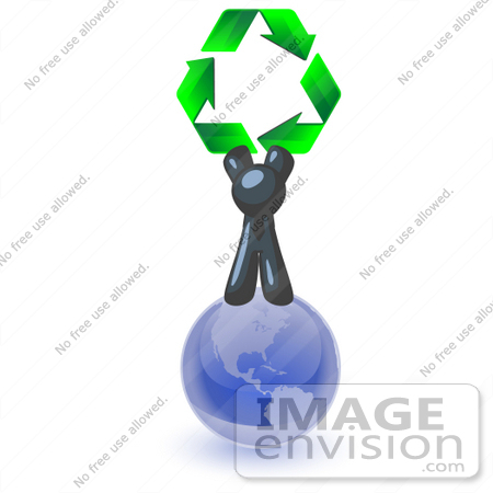 #36795 Clip Art Graphic of a Dark Blue Guy Character Holding Recycle Arrows on a Globe by Jester Arts