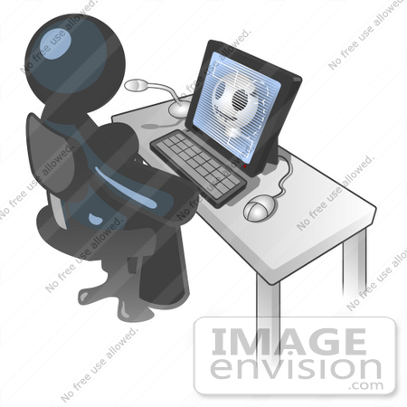 #36796 Clip Art Graphic of a Dark Blue Guy Character Using a Computer by Jester Arts