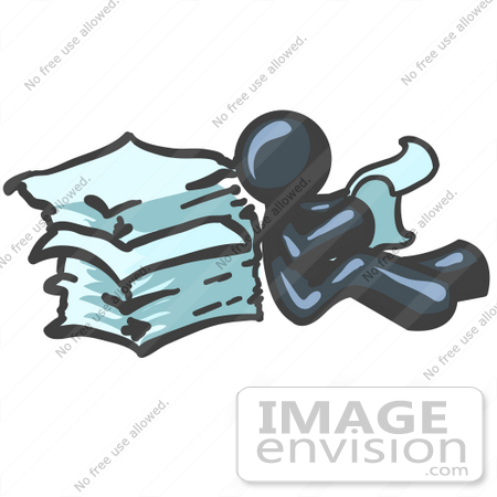 #36797 Clip Art Graphic of a Dark Blue Guy Character Reading Paperwork by Jester Arts