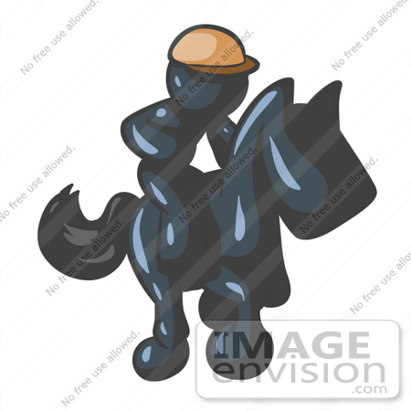 #36803 Clip Art Graphic of a Dark Blue Guy Character Jockey Racing a Horse by Jester Arts