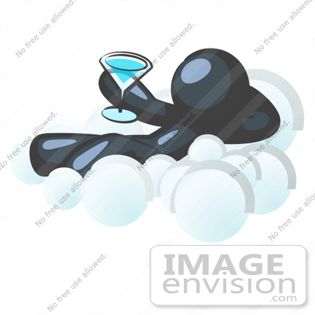 #36809 Clip Art Graphic of a Dark Blue Guy Character Drinking a Cocktail on a Cloud by Jester Arts