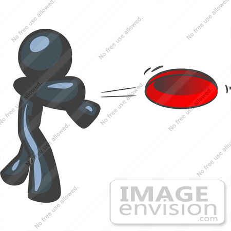 #36811 Clip Art Graphic of a Dark Blue Guy Character Throwing a Frisbee by Jester Arts