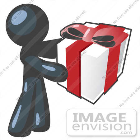 #36812 Clip Art Graphic of a Dark Blue Guy Character Holding a Gift by Jester Arts