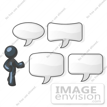 #36815 Clip Art Graphic of a Dark Blue Guy Character With Text Balloons by Jester Arts