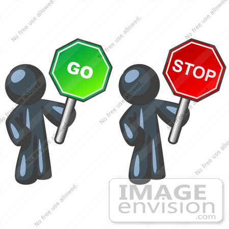 #36816 Clip Art Graphic of a Dark Blue Guy Character Holding a Go and Stop Sign by Jester Arts