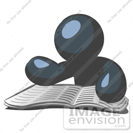#36818 Clip Art Graphic of a Dark Blue Guy Character Reading a Book by Jester Arts