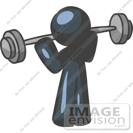 #36819 Clip Art Graphic of a Dark Blue Guy Character Working Out With a Barbell by Jester Arts