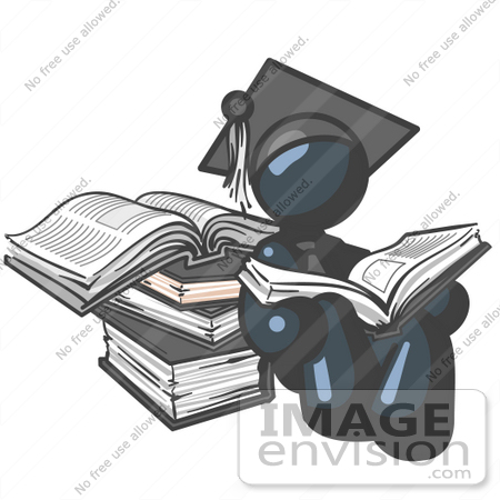 #36820 Clip Art Graphic of a Dark Blue Guy Character Graduate Reading Books by Jester Arts