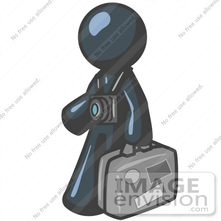 #36823 Clip Art Graphic of a Dark Blue Guy Character Tourist With a Camera and Luggage by Jester Arts