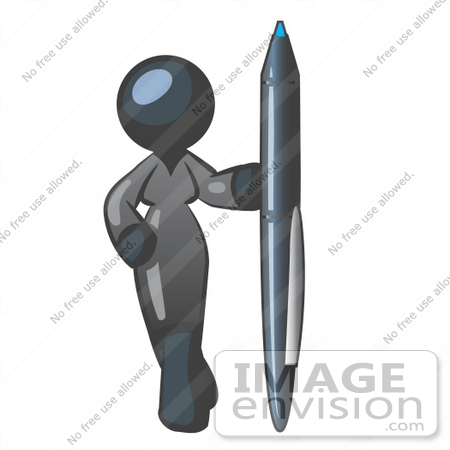 #36826 Clip Art Graphic of a Dark Blue Lady Character With a Pen by Jester Arts