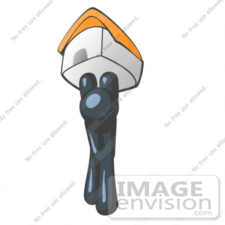 #36831 Clip Art Graphic of a Dark Blue Guy Character Holding up a House by Jester Arts