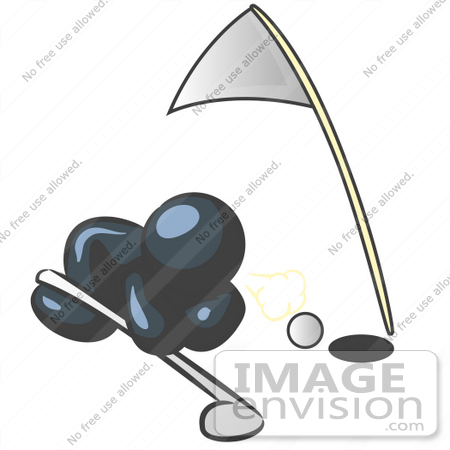 #36836 Clip Art Graphic of a Dark Blue Guy Character Trying to Blow a Golf Ball Into the Hole by Jester Arts