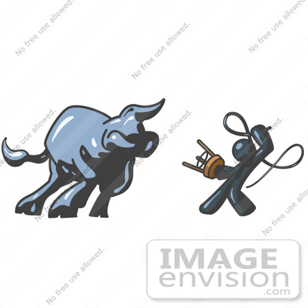 #36839 Clip Art Graphic of a Dark Blue Guy Character Battling a Bull With a Whip by Jester Arts