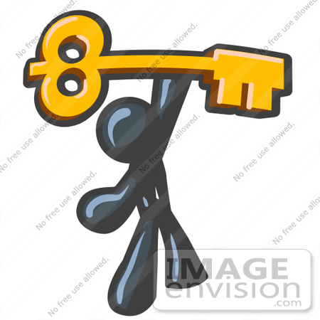 #36847 Clip Art Graphic of a Dark Blue Guy Character Holding up a Skeleton Key by Jester Arts