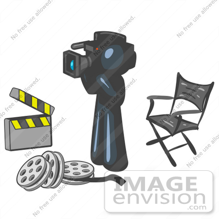 #36853 Clip Art Graphic of a Dark Blue Guy Character Filming a Movie by Jester Arts