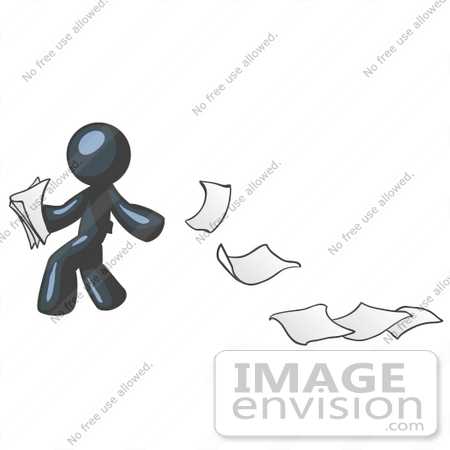 #36854 Clip Art Graphic of a Dark Blue Guy Character Dropping Papers by Jester Arts