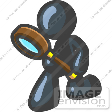 #36856 Clip Art Graphic of a Dark Blue Guy Character Kneeling With a Magnifying Glass by Jester Arts