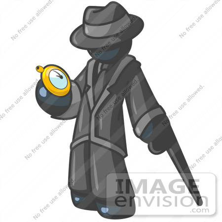 #36857 Clip Art Graphic of a Dark Blue Guy Character With a Cane, Checking a Pocket Watch by Jester Arts