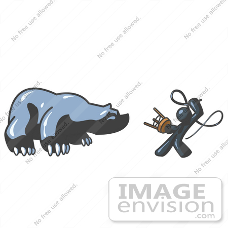 #36858 Clip Art Graphic of a Dark Blue Guy Character Taming a Bear With a Whip by Jester Arts