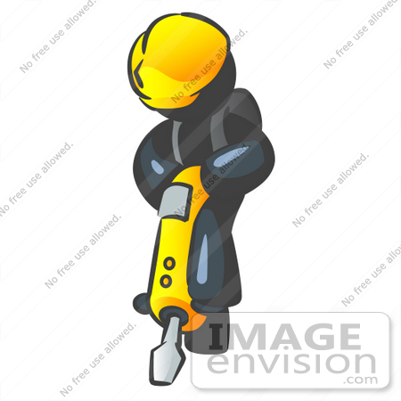 #36867 Clip Art Graphic of a Dark Blue Guy Character Operating a Jackhammer by Jester Arts