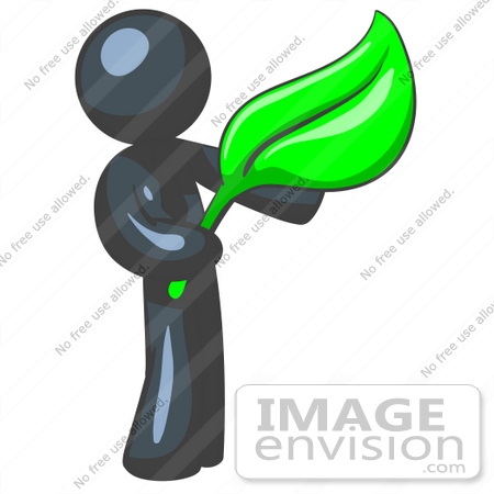 #36868 Clip Art Graphic of a Dark Blue Guy Character Holding a Green Leaf by Jester Arts