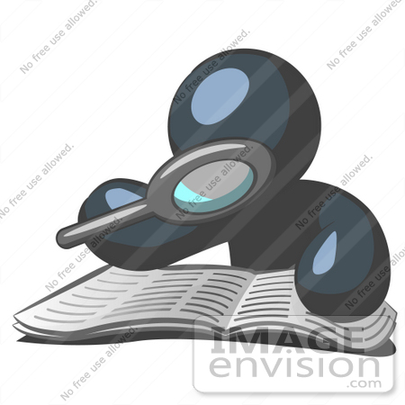 #36873 Clip Art Graphic of a Dark Blue Guy Character Reading With a Magnifying Glass by Jester Arts