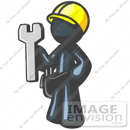 #36881 Clip Art Graphic of a Dark Blue Guy Character Handy Man With a Spanner by Jester Arts