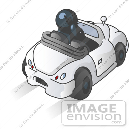 #36883 Clip Art Graphic of a Dark Blue Guy Character Talking on a Phone and Driving by Jester Arts