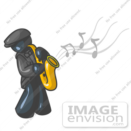 #36885 Clip Art Graphic of a Dark Blue Guy Character Playing Jazz Music With a Sax by Jester Arts