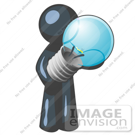 #36894 Clip Art Graphic of a Dark Blue Guy Character Holding a Light Bulb by Jester Arts