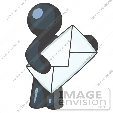 #36895 Clip Art Graphic of a Dark Blue Guy Character Holding an Envelope by Jester Arts