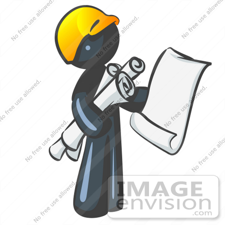 #36897 Clip Art Graphic of a Dark Blue Guy Character Architect Holding Blueprints by Jester Arts