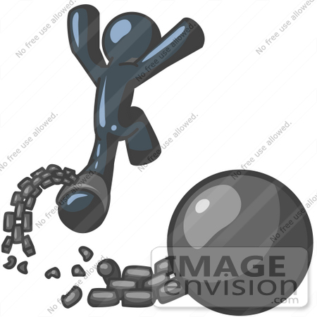 #36900 Clip Art Graphic of a Dark Blue Guy Character Breaking Free From a Ball and Chain by Jester Arts