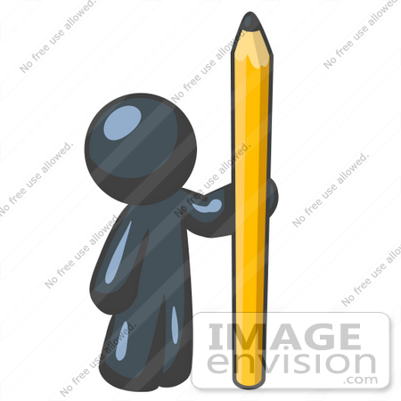 #36901 Clip Art Graphic of a Dark Blue Guy Character Standing With a Pencil by Jester Arts