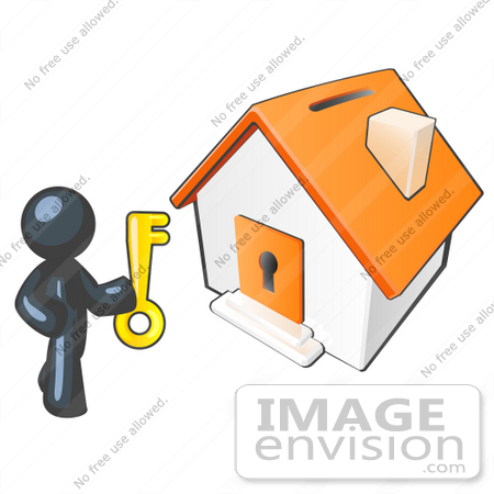 #36906 Clip Art Graphic of a Dark Blue Guy Character Holding a Key and Standing by a House by Jester Arts