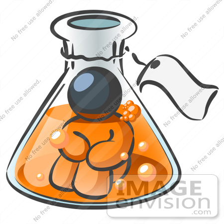 #36907 Clip Art Graphic of a Dark Blue Guy Character in a Laboratory Flask by Jester Arts