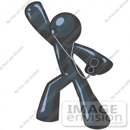 #36908 Clip Art Graphic of a Dark Blue Guy Character Dancing and Listening to Music on an MP3 Player by Jester Arts