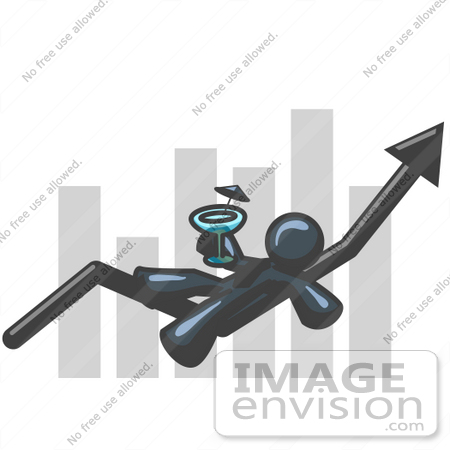 #36913 Clip Art Graphic of a Dark Blue Guy Character Drinking a Cocktail on a Bar Graph by Jester Arts