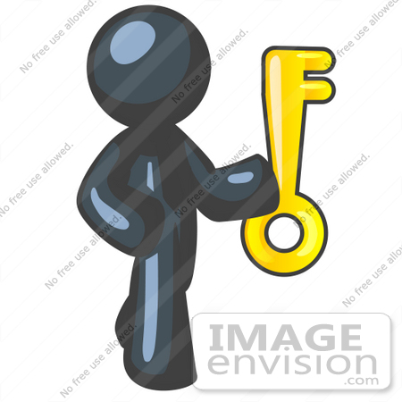 #36914 Clip Art Graphic of a Dark Blue Guy Character Holding a Key by Jester Arts