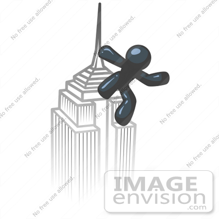 #36915 Clip Art Graphic of a Dark Blue Guy Character on a Skyscraper by Jester Arts