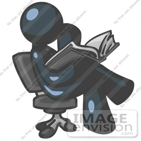 #36917 Clip Art Graphic of a Dark Blue Guy Character Sitting and Reading by Jester Arts
