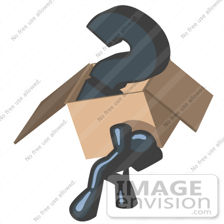 #36918 Clip Art Graphic of a Dark Blue Guy Character Carrying a Box of Questions by Jester Arts