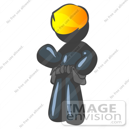 #36919 Clip Art Graphic of a Dark Blue Guy Character Wearing a Hardhat and Tool Belt by Jester Arts