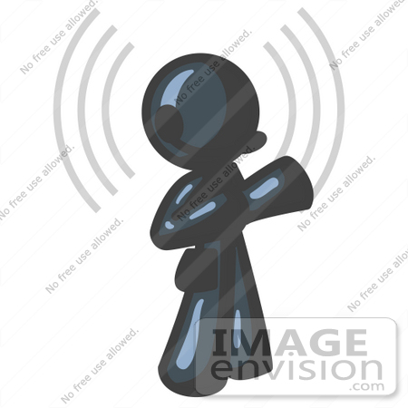#36920 Clip Art Graphic of a Dark Blue Guy Character With Sound Waves, Talking on a Headset by Jester Arts