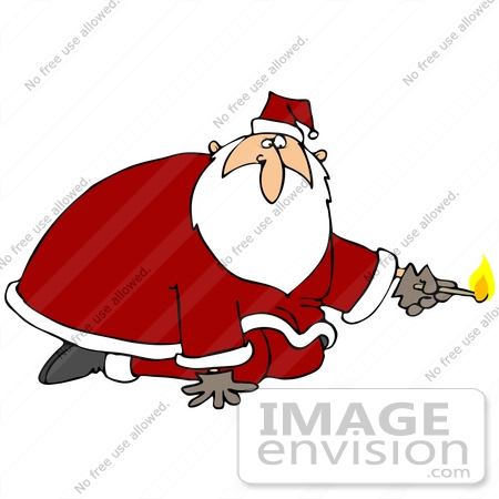 #36925 Clip Art Graphic of Pyro Santa Holding a Lit Match and Kneeling by DJArt